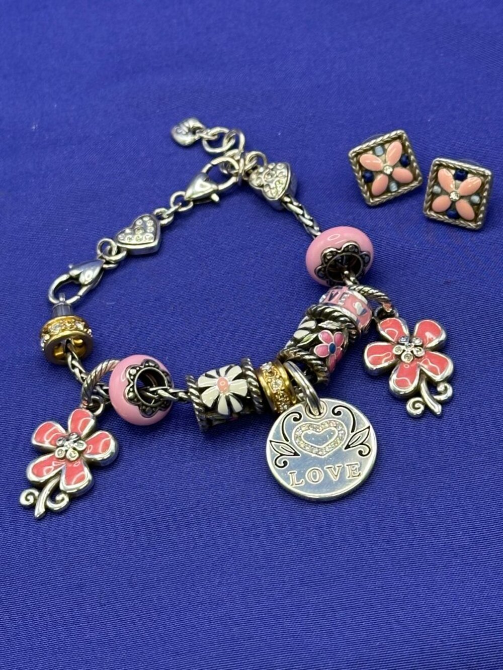 Brighton Set: Love/Mom/Flower Charm Bracelet. Flower Earrings
